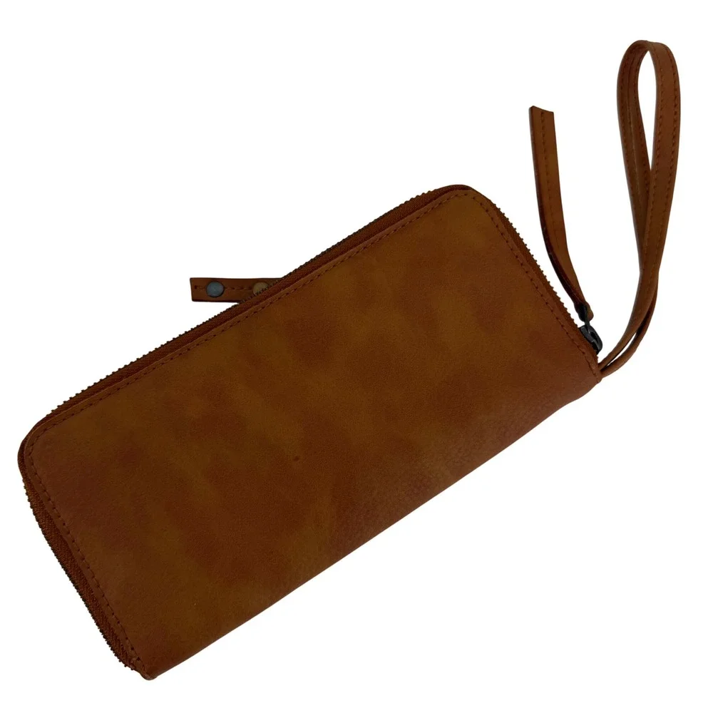 NWOT Free People Vegan Leather Wristlet Zip Wallet Cognac Brown Studded Boho‎